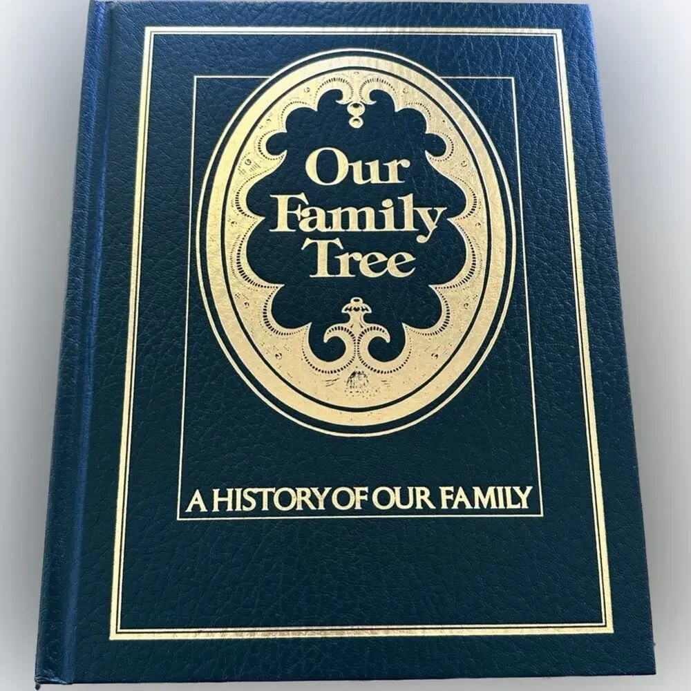 Vintage 70s blank leather bound and illustrated family tree and history journal